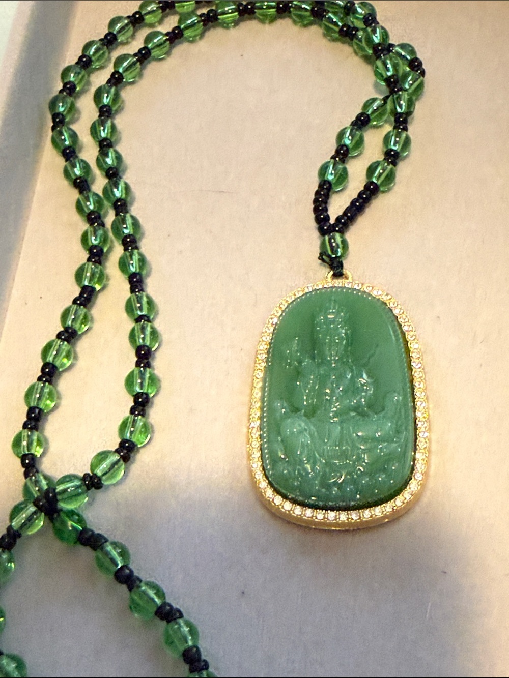 Green Glass Jade Buddha Amulet Pendant with Gold Trim - Picture 3 of 7